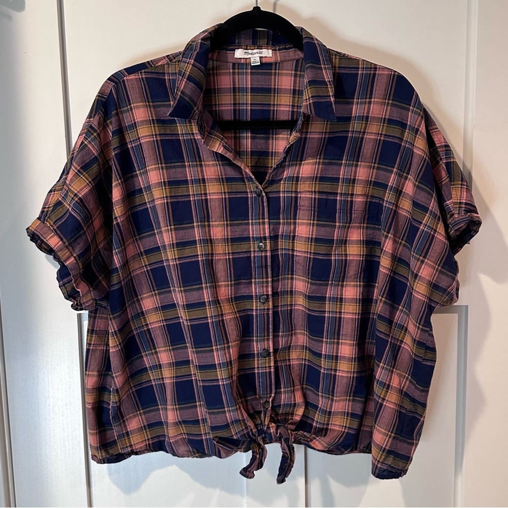 Madewell plaid semi-crop tie-front button-down blouse XL
